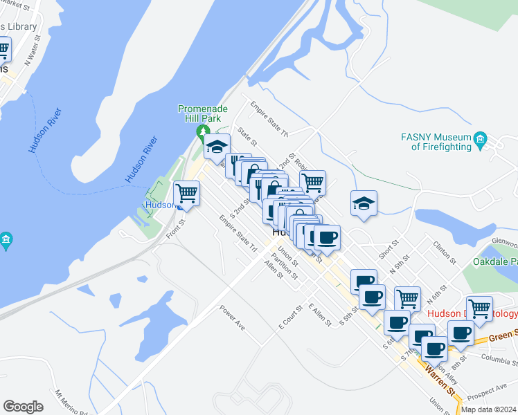 map of restaurants, bars, coffee shops, grocery stores, and more near 215 Warren Street in Hudson