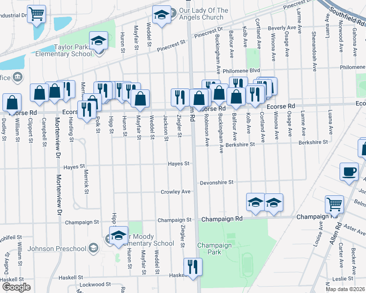 map of restaurants, bars, coffee shops, grocery stores, and more near 7577 Ziegler Street in Taylor