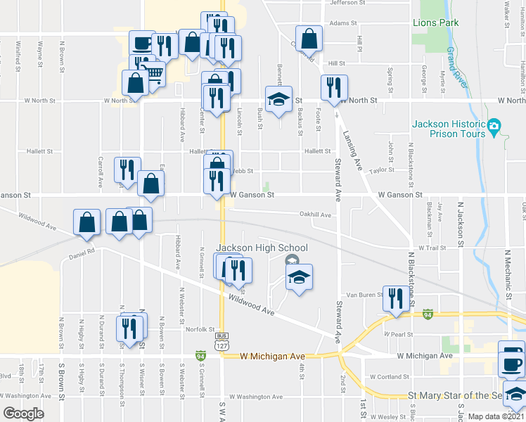 map of restaurants, bars, coffee shops, grocery stores, and more near 658 Oakhill Avenue in Jackson