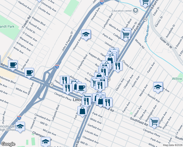 map of restaurants, bars, coffee shops, grocery stores, and more near 1581 Fort Park Boulevard in Lincoln Park