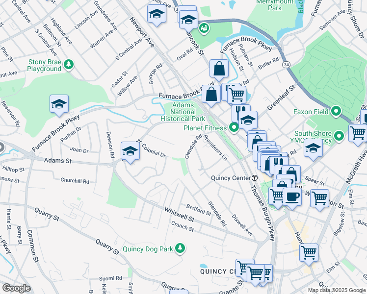 map of restaurants, bars, coffee shops, grocery stores, and more near 36 Glendale Road in Quincy
