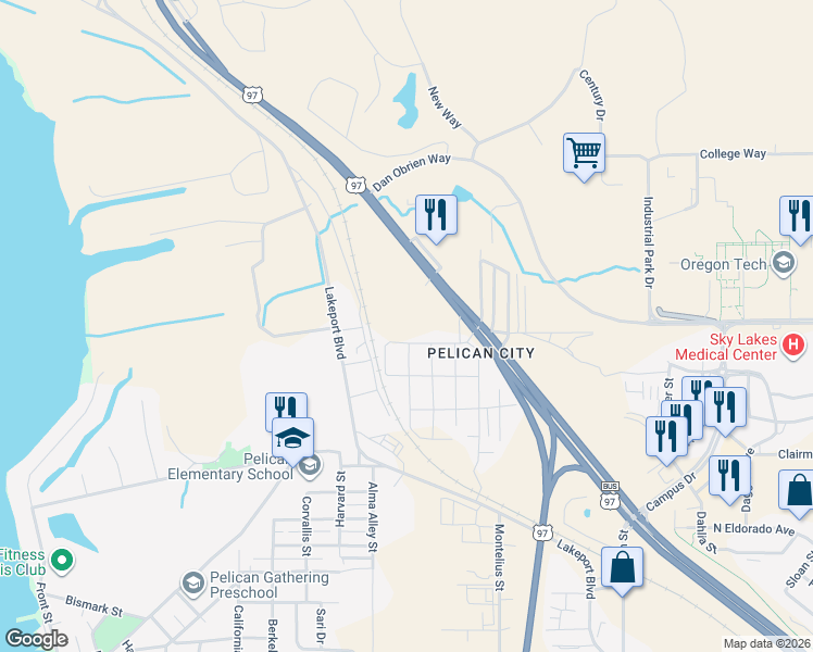 map of restaurants, bars, coffee shops, grocery stores, and more near 403 Coli Avenue in Klamath Falls