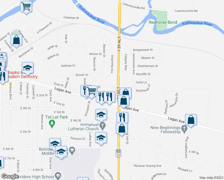 map of restaurants, bars, coffee shops, grocery stores, and more near 512 Biester Drive in Belvidere