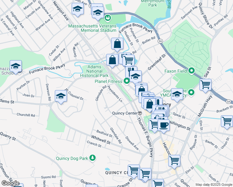 map of restaurants, bars, coffee shops, grocery stores, and more near 79 Presidents Lane in Quincy