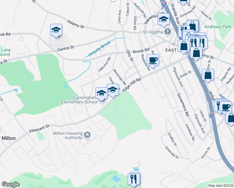 map of restaurants, bars, coffee shops, grocery stores, and more near 80 Edge Hill Road in Milton