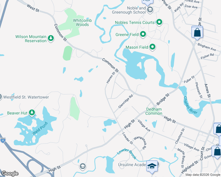 map of restaurants, bars, coffee shops, grocery stores, and more near 90 Haven Street in Dedham