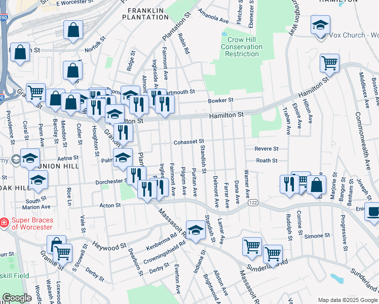 map of restaurants, bars, coffee shops, grocery stores, and more near 161 Pilgrim Avenue in Worcester