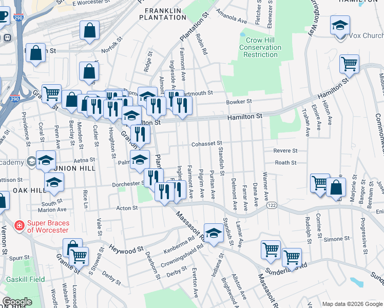 map of restaurants, bars, coffee shops, grocery stores, and more near 184 Fairmont Avenue in Worcester