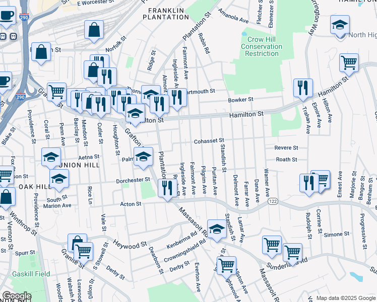 map of restaurants, bars, coffee shops, grocery stores, and more near 184 Fairmont Avenue in Worcester