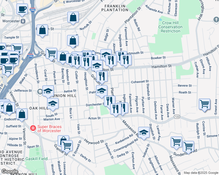 map of restaurants, bars, coffee shops, grocery stores, and more near 413 Grafton Street in Worcester