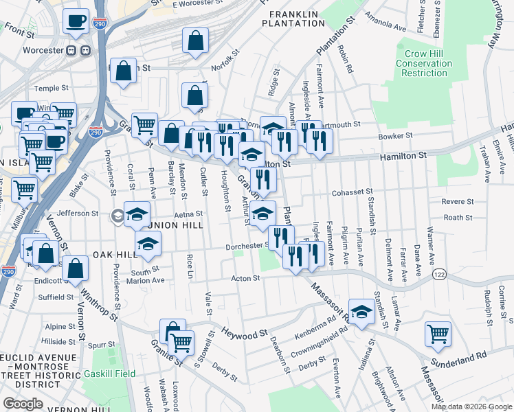 map of restaurants, bars, coffee shops, grocery stores, and more near 16 Palm Street in Worcester