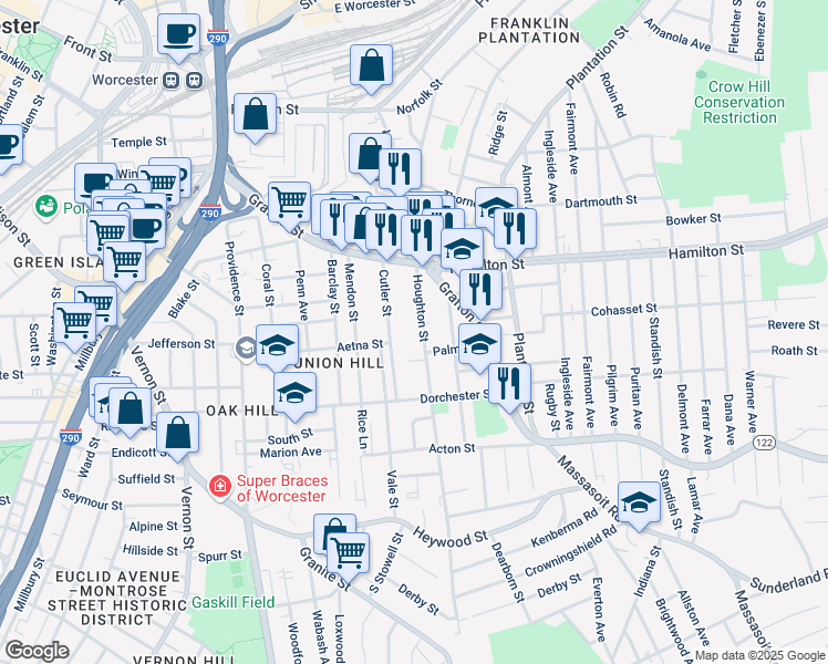 map of restaurants, bars, coffee shops, grocery stores, and more near 47 Houghton Street in Worcester