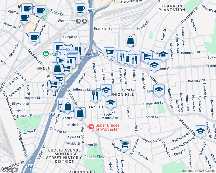 map of restaurants, bars, coffee shops, grocery stores, and more near 9 Aetna Street in Worcester