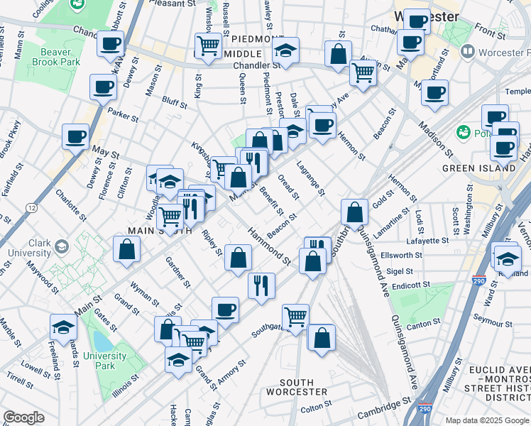 map of restaurants, bars, coffee shops, grocery stores, and more near 9 Mount Pleasant Street in Worcester