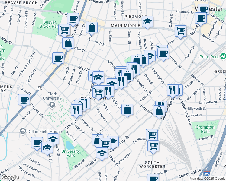 map of restaurants, bars, coffee shops, grocery stores, and more near 865 Main Street in Worcester