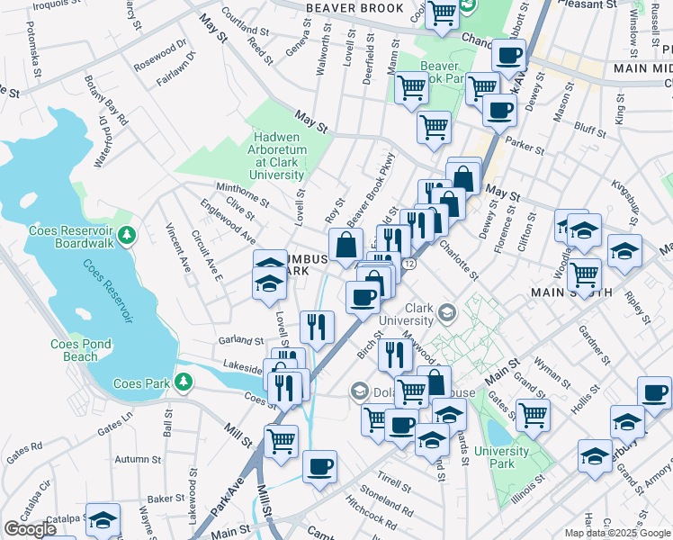 map of restaurants, bars, coffee shops, grocery stores, and more near 130 Beaverbrook Parkway in Worcester