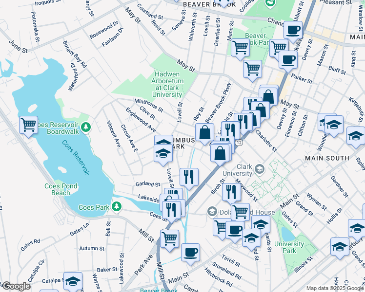 map of restaurants, bars, coffee shops, grocery stores, and more near 5 Becket Street in Worcester