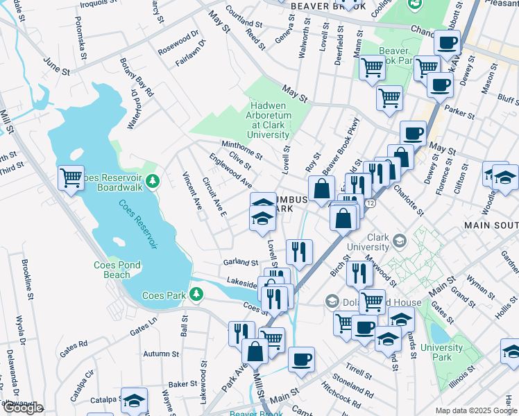 map of restaurants, bars, coffee shops, grocery stores, and more near 6 Columbus Street in Worcester