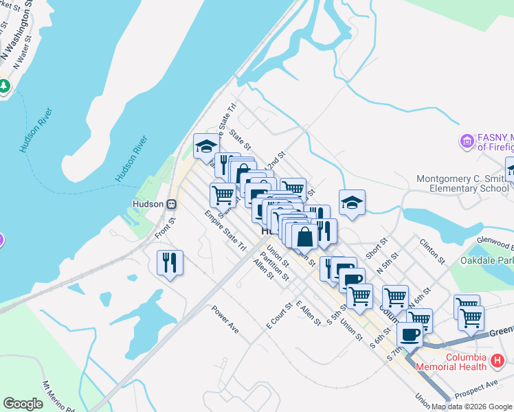 map of restaurants, bars, coffee shops, grocery stores, and more near 233 Warren Street in Hudson