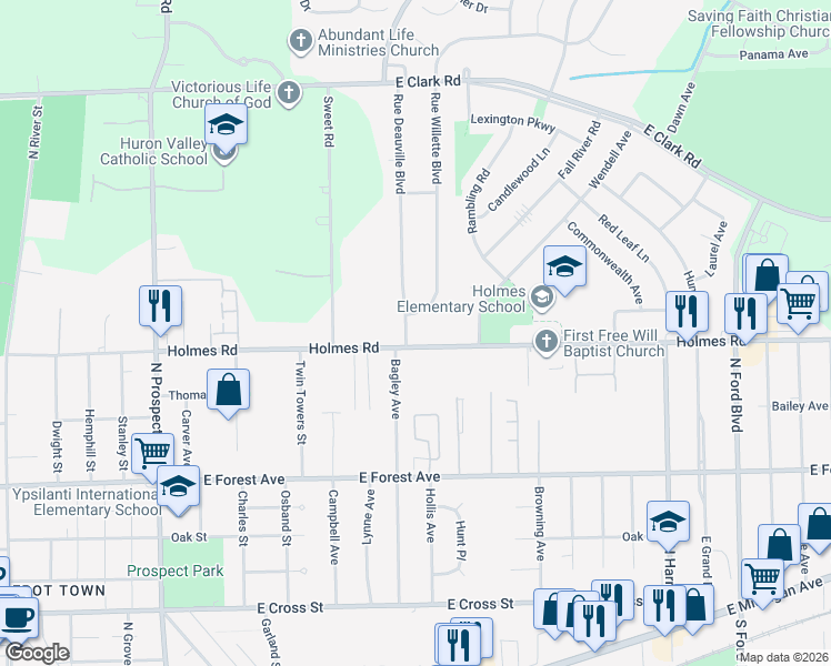 map of restaurants, bars, coffee shops, grocery stores, and more near 890 Bagley Avenue in Ypsilanti