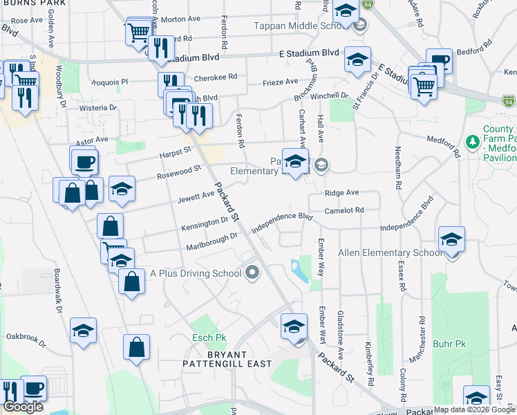 map of restaurants, bars, coffee shops, grocery stores, and more near 2407 Packard Street in Ann Arbor