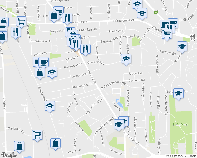 map of restaurants, bars, coffee shops, grocery stores, and more near 2407 Packard Street in Ann Arbor