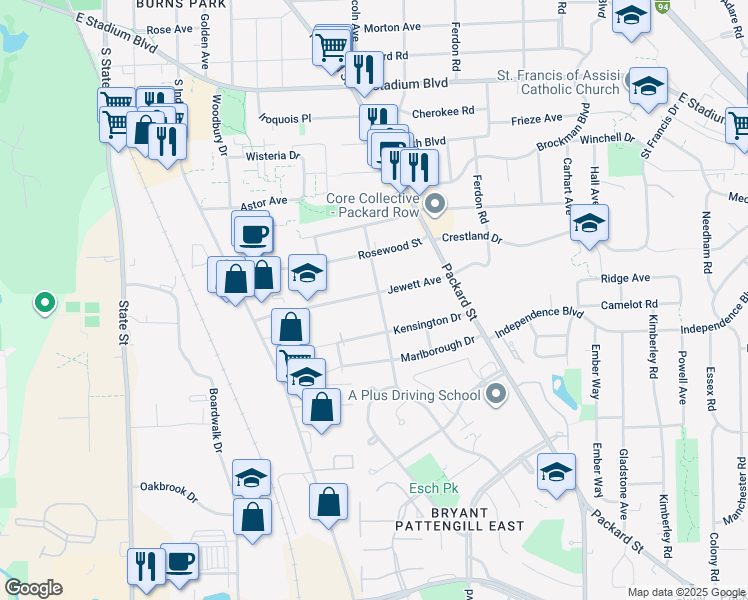 map of restaurants, bars, coffee shops, grocery stores, and more near 2309 Page Avenue in Ann Arbor