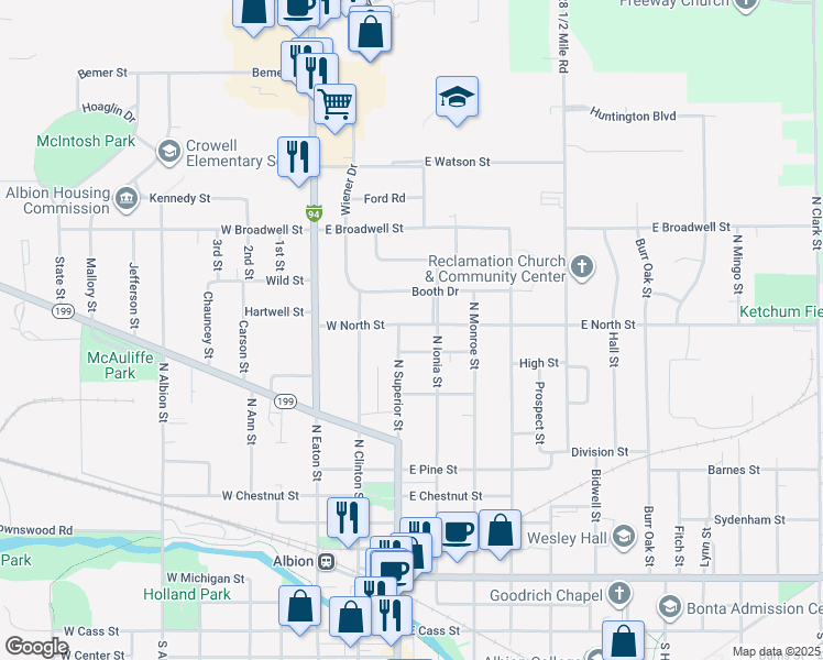 map of restaurants, bars, coffee shops, grocery stores, and more near 918 North Superior Street in Albion
