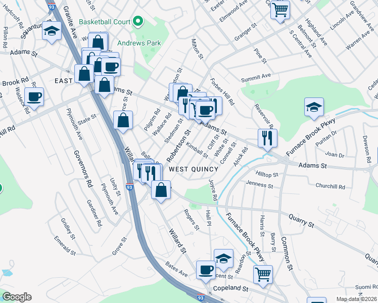 map of restaurants, bars, coffee shops, grocery stores, and more near in Quincy