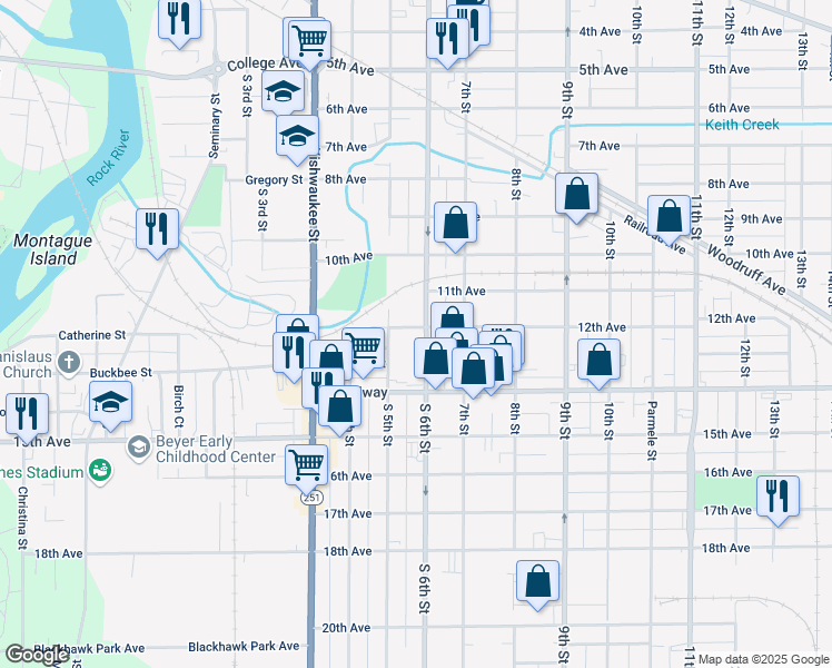 map of restaurants, bars, coffee shops, grocery stores, and more near 1318 South 5th Street in Rockford