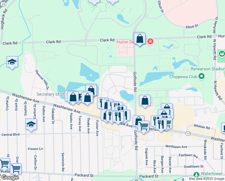 map of restaurants, bars, coffee shops, grocery stores, and more near 2355 Twin Lakes Drive in Ypsilanti