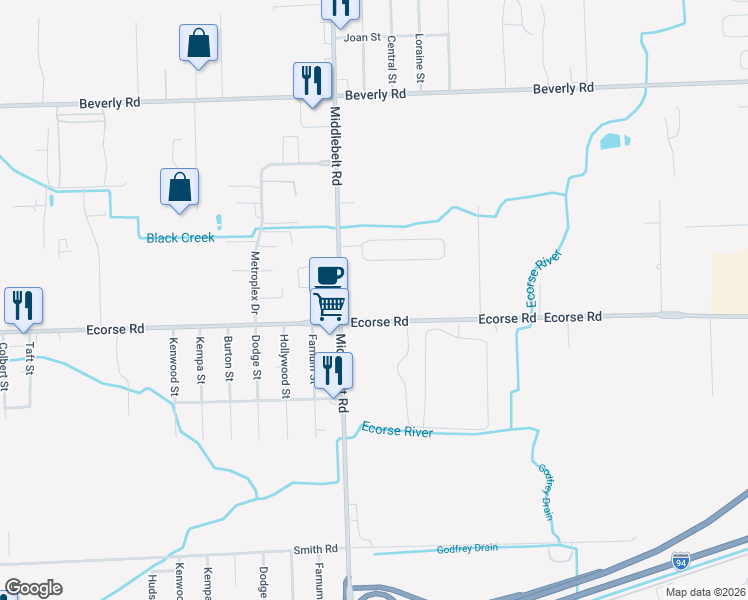 map of restaurants, bars, coffee shops, grocery stores, and more near 29094-29306 Ecorse Road in Romulus