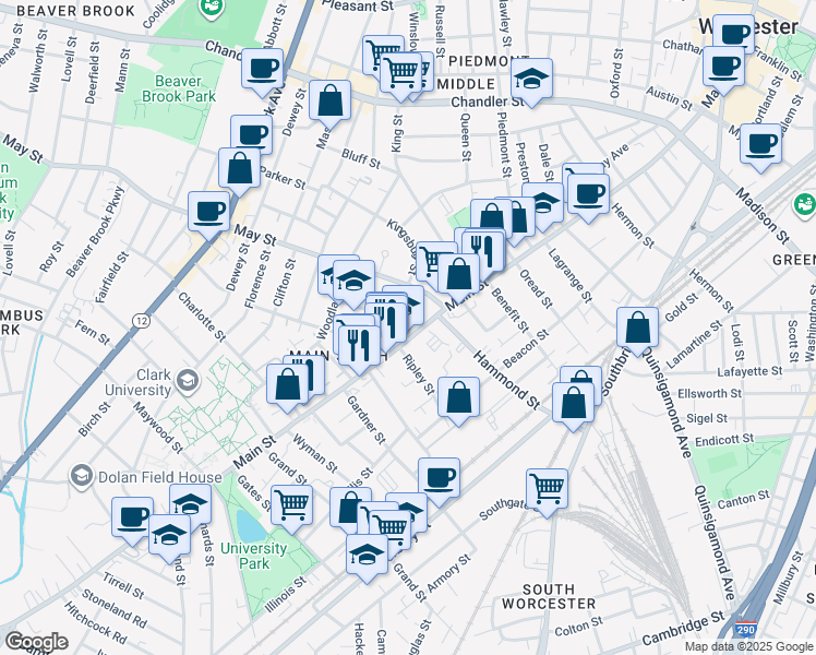 map of restaurants, bars, coffee shops, grocery stores, and more near 865 Main Street in Worcester