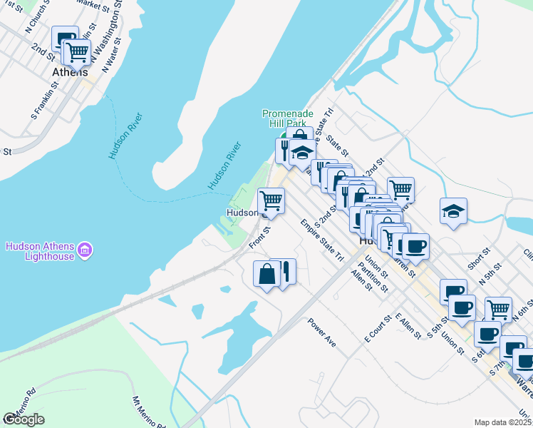 map of restaurants, bars, coffee shops, grocery stores, and more near 69 South Front Street in Hudson