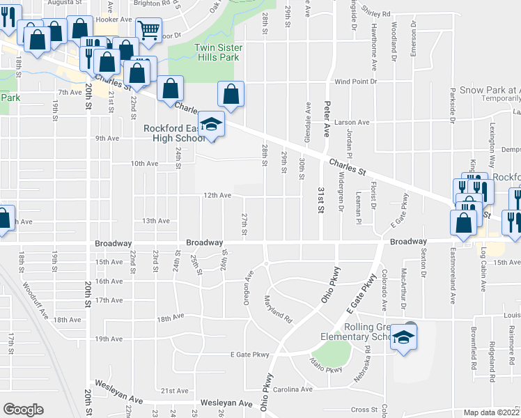 map of restaurants, bars, coffee shops, grocery stores, and more near 1315 28th Street in Rockford