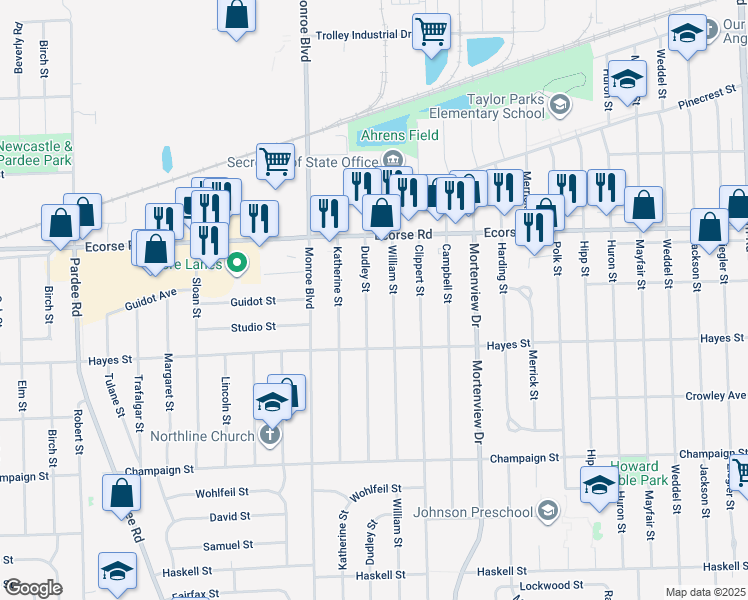 map of restaurants, bars, coffee shops, grocery stores, and more near 7584 William Street in Taylor