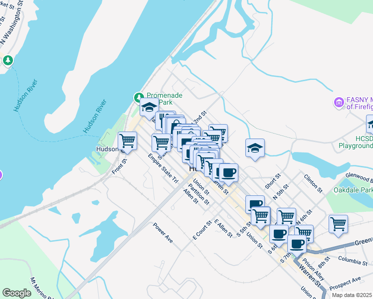 map of restaurants, bars, coffee shops, grocery stores, and more near 222 Warren Street in Hudson