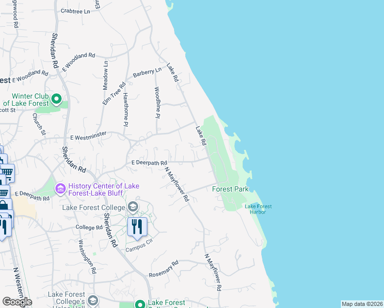 map of restaurants, bars, coffee shops, grocery stores, and more near 970 East Deerpath Road in Lake Forest