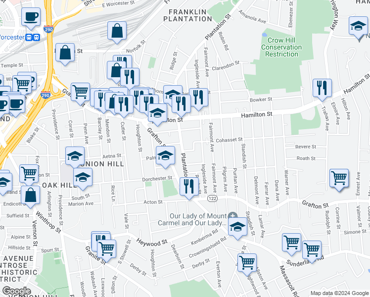 map of restaurants, bars, coffee shops, grocery stores, and more near 48 Plantation Street in Worcester