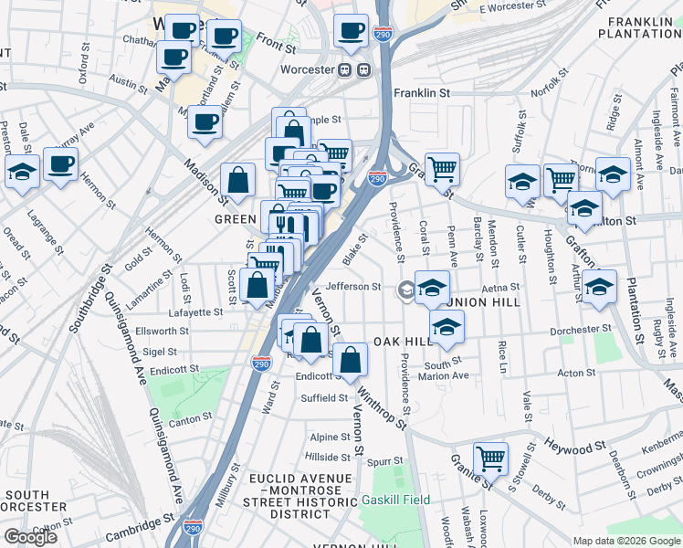 map of restaurants, bars, coffee shops, grocery stores, and more near 18 Ingalls Street in Worcester