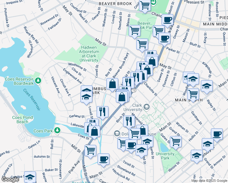 map of restaurants, bars, coffee shops, grocery stores, and more near 98 Maywood Street in Worcester