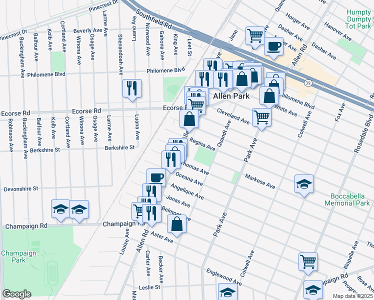 map of restaurants, bars, coffee shops, grocery stores, and more near 7607 Allen Road in Allen Park