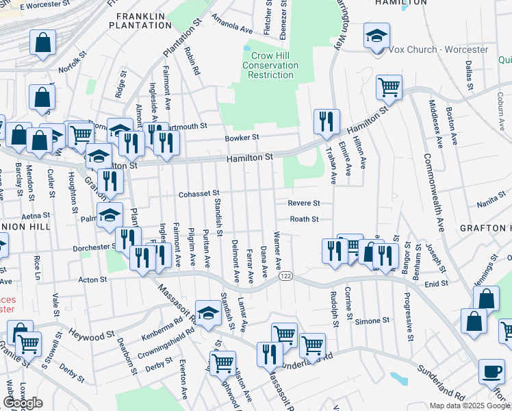 map of restaurants, bars, coffee shops, grocery stores, and more near 80 Farrar Avenue in Worcester