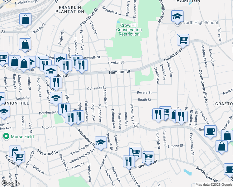 map of restaurants, bars, coffee shops, grocery stores, and more near 80 Farrar Avenue in Worcester