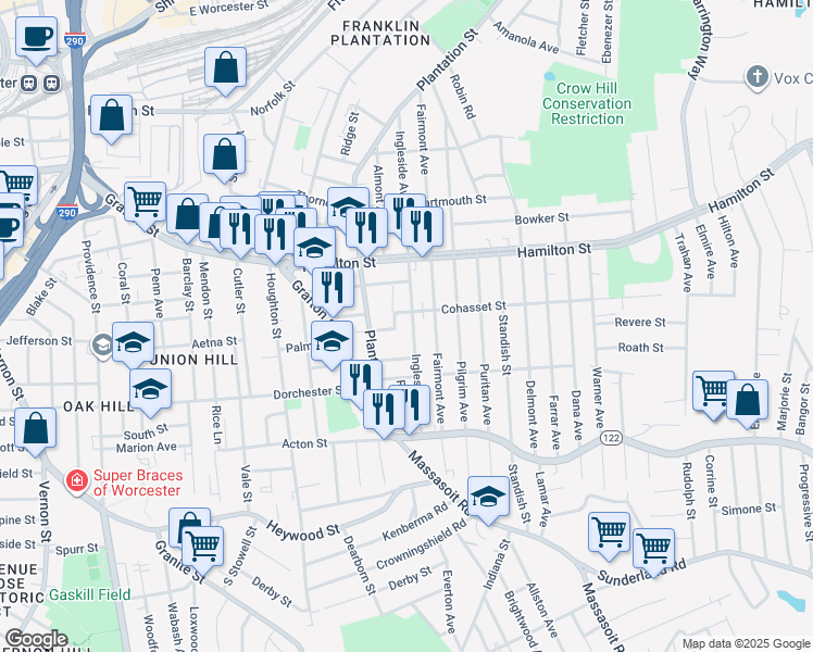 map of restaurants, bars, coffee shops, grocery stores, and more near 7 Village Street in Worcester