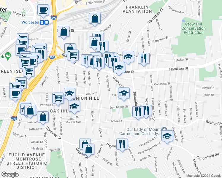 map of restaurants, bars, coffee shops, grocery stores, and more near 47 Houghton Street in Worcester