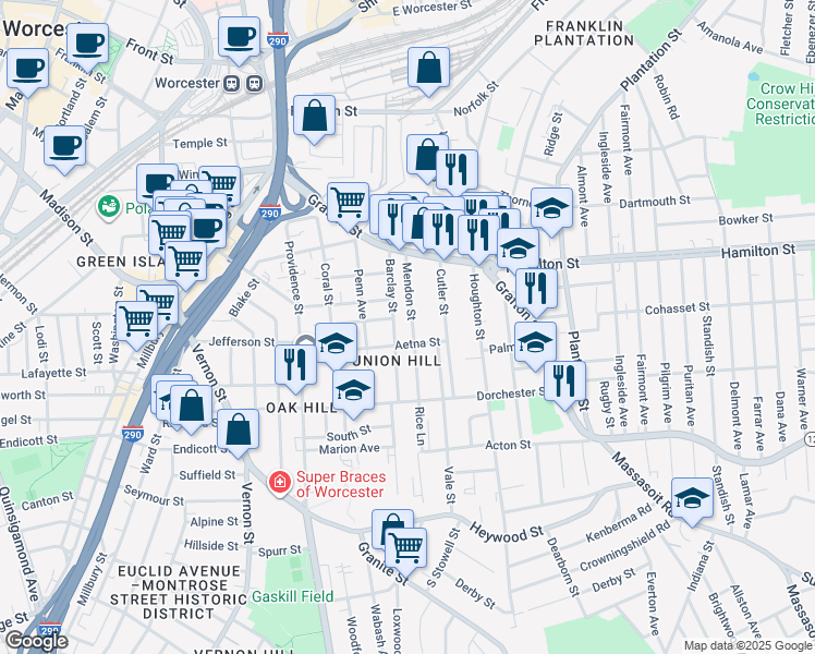 map of restaurants, bars, coffee shops, grocery stores, and more near in Worcester