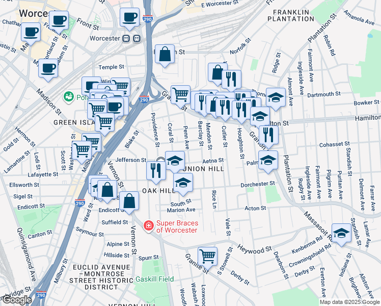 map of restaurants, bars, coffee shops, grocery stores, and more near 99 Penn Avenue in Worcester