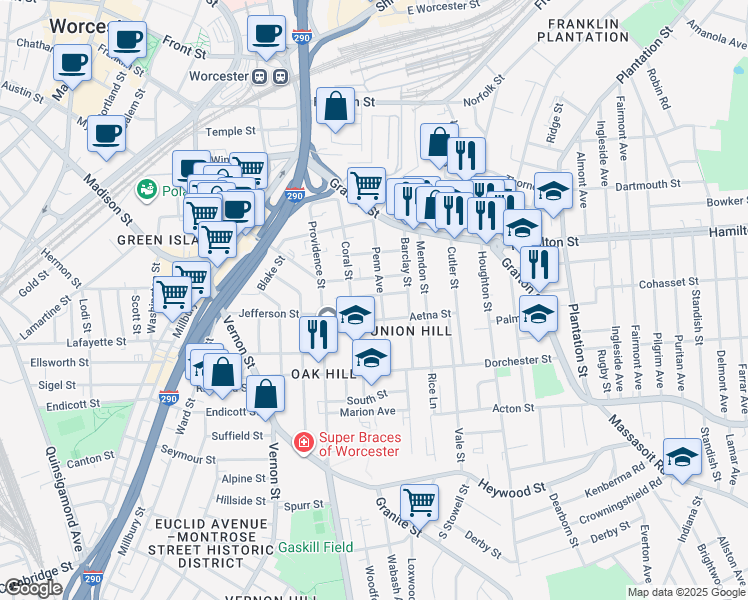 map of restaurants, bars, coffee shops, grocery stores, and more near 99 Penn Avenue in Worcester