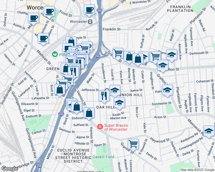 map of restaurants, bars, coffee shops, grocery stores, and more near 74 Providence Street in Worcester